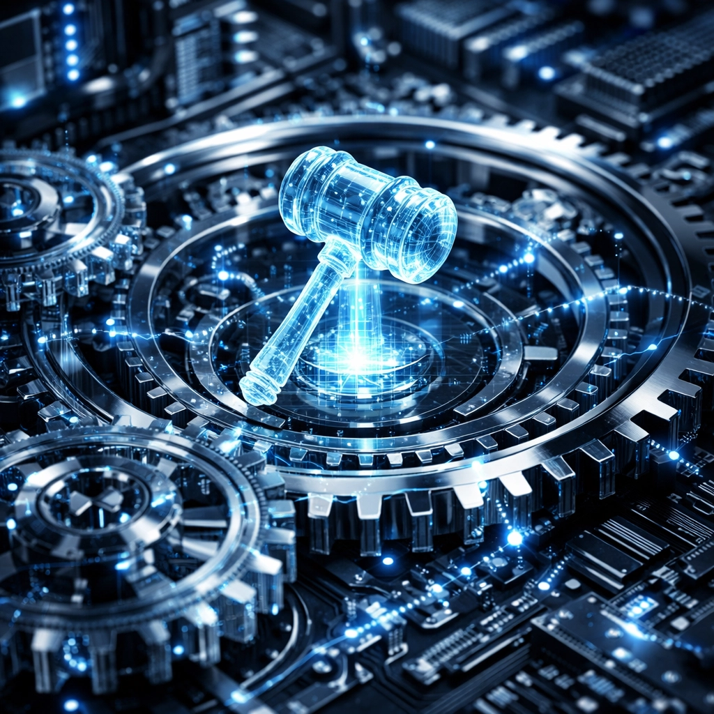 A digital gavel and clockwork gears symbolizing continuous WordPress maintenance services for law firms.