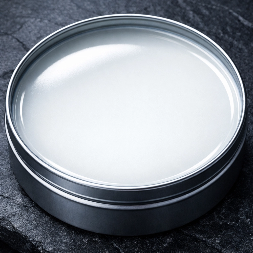 Close-up of the smooth, grit-free surface of high-quality beard styling wax in a tin.