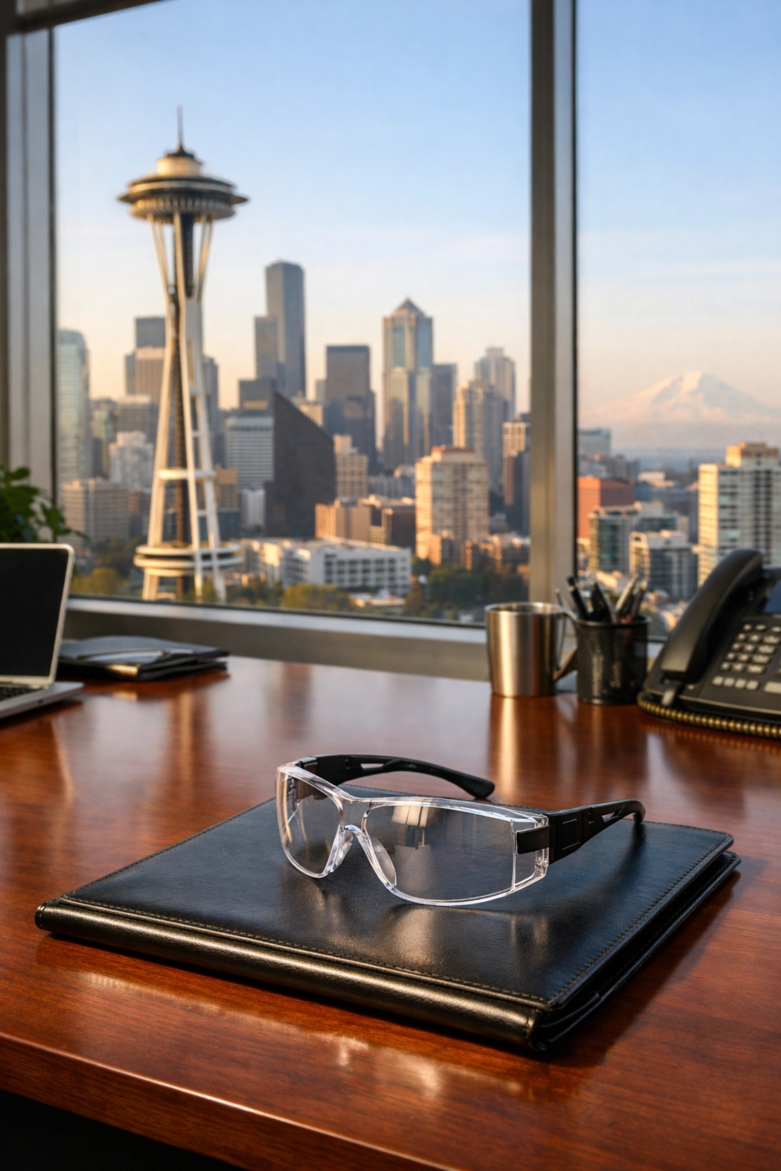 Professional Seattle office with safety glasses, representing Washington employer liability and L&I compliance.