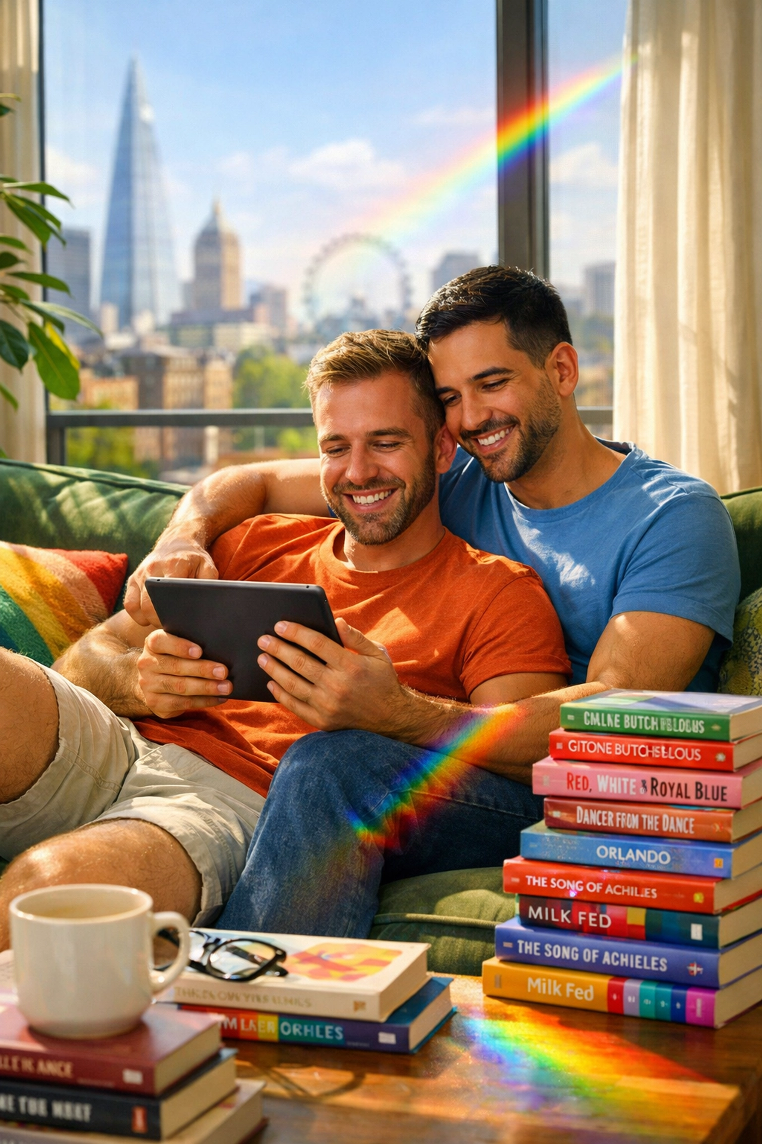 Modern gay couple reading LGBTQ+ fiction in London, celebrating the enduring legacy of queer authors in 2026.