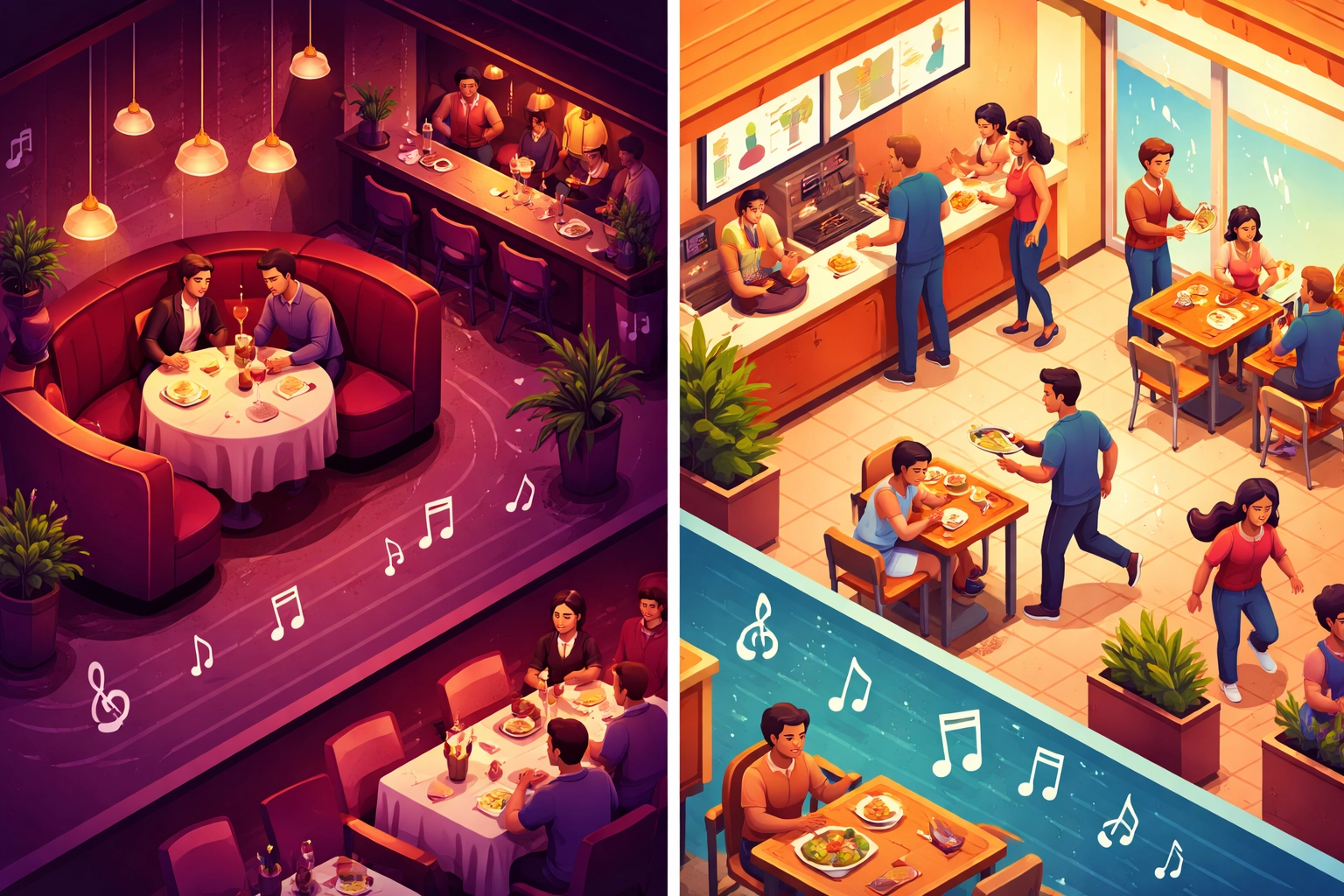 Visual comparison of cozy fine-dining and energetic fast-casual restaurant settings, illustrating 'lingering vs churn' strategy.