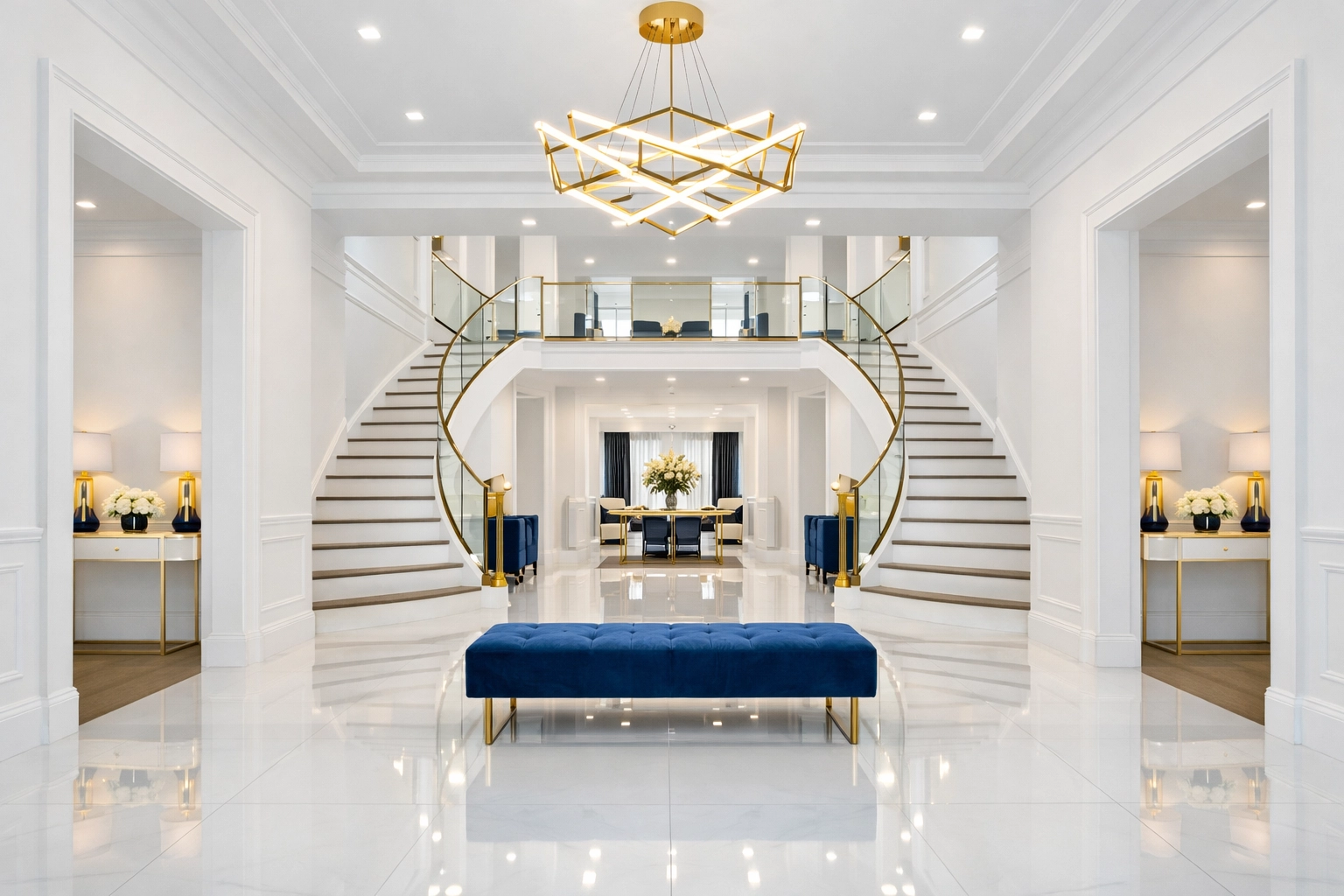 Spotless luxury foyer in Newton after expert post-construction cleaning in Massachusetts.