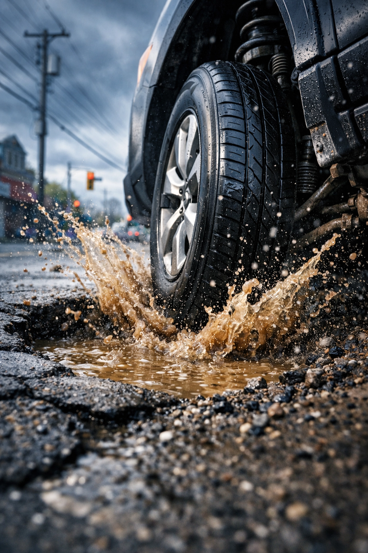 Car tire hitting a deep pothole in Dartmouth NS, which can damage suspension and wheel alignment.