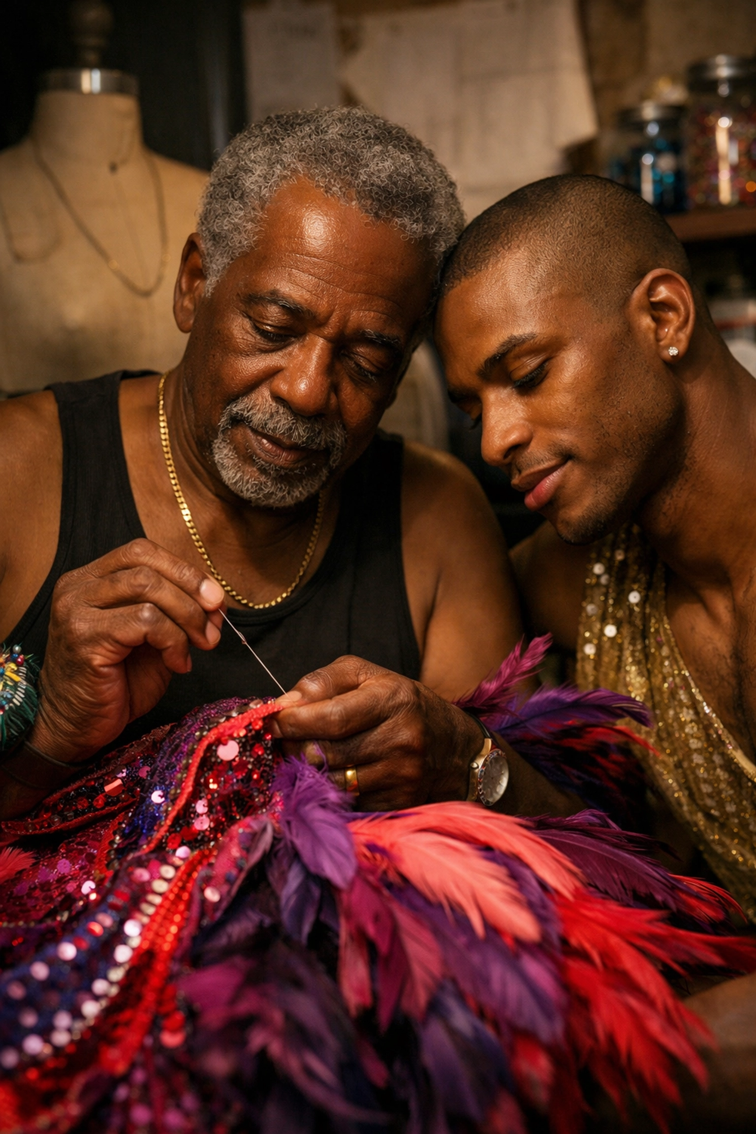 A gay House Mother sews a ballroom costume, illustrating mentorship in gay historical fiction.