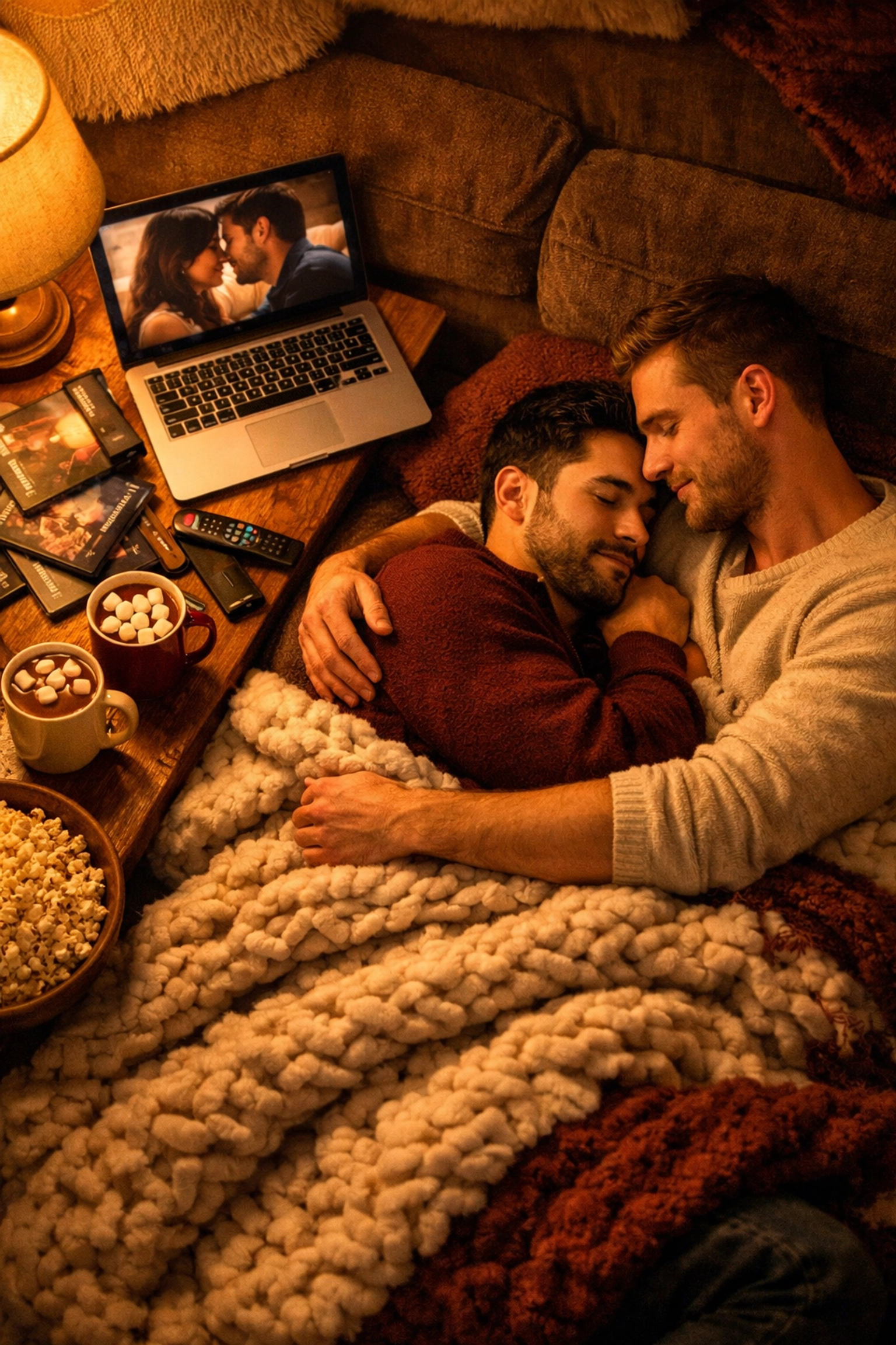 Gay couple enjoying cozy winter movie marathon on couch with blankets and hot chocolate