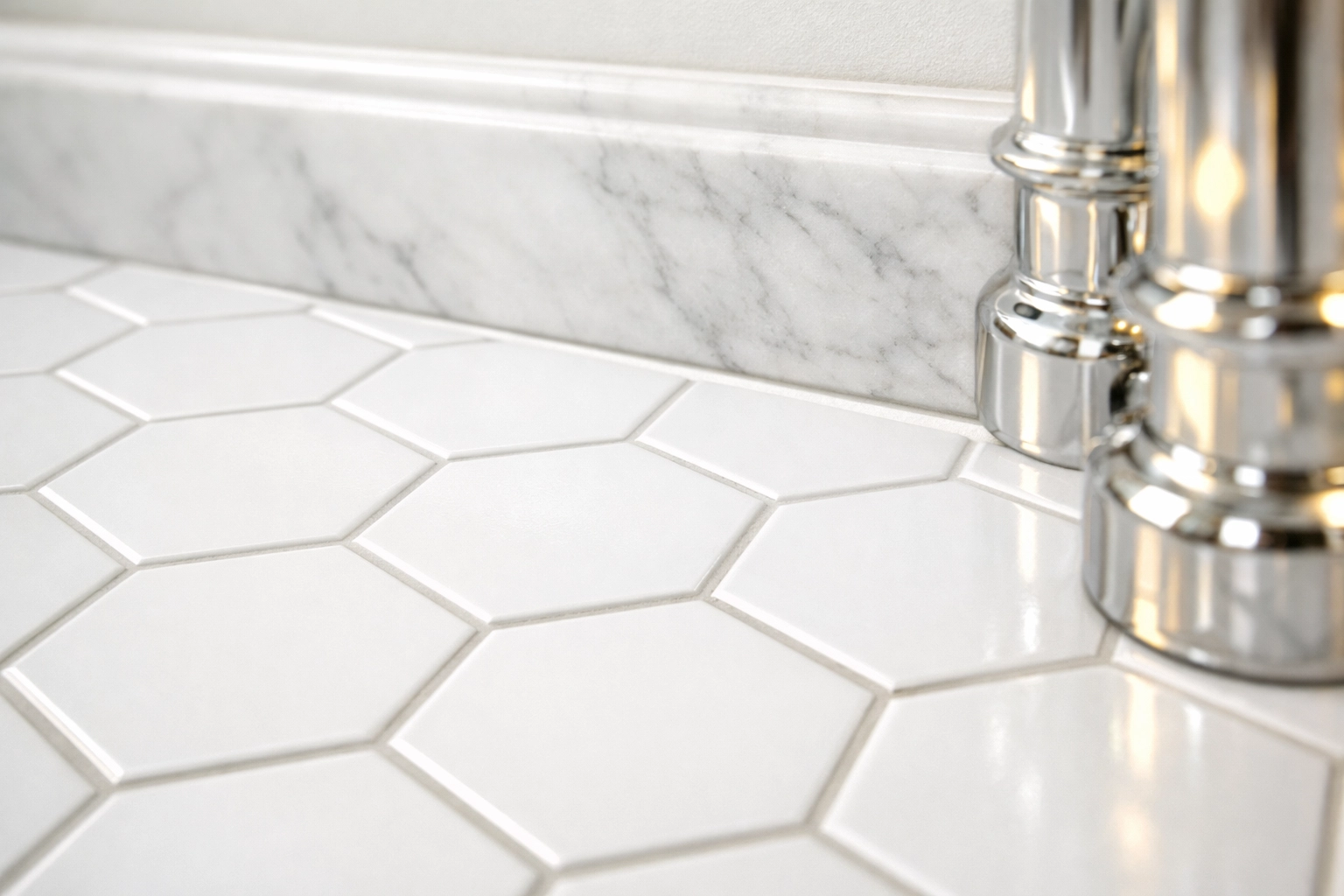 Close-up of professionally cleaned bathroom floor with bright white hexagonal tiles and spotless grout.