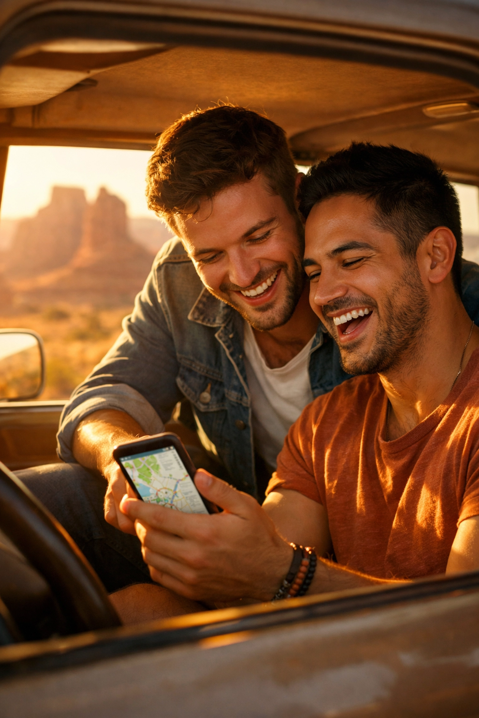 Gay couple sharing a joyful moment and checking directions while road-tripping through a scenic desert landscape.