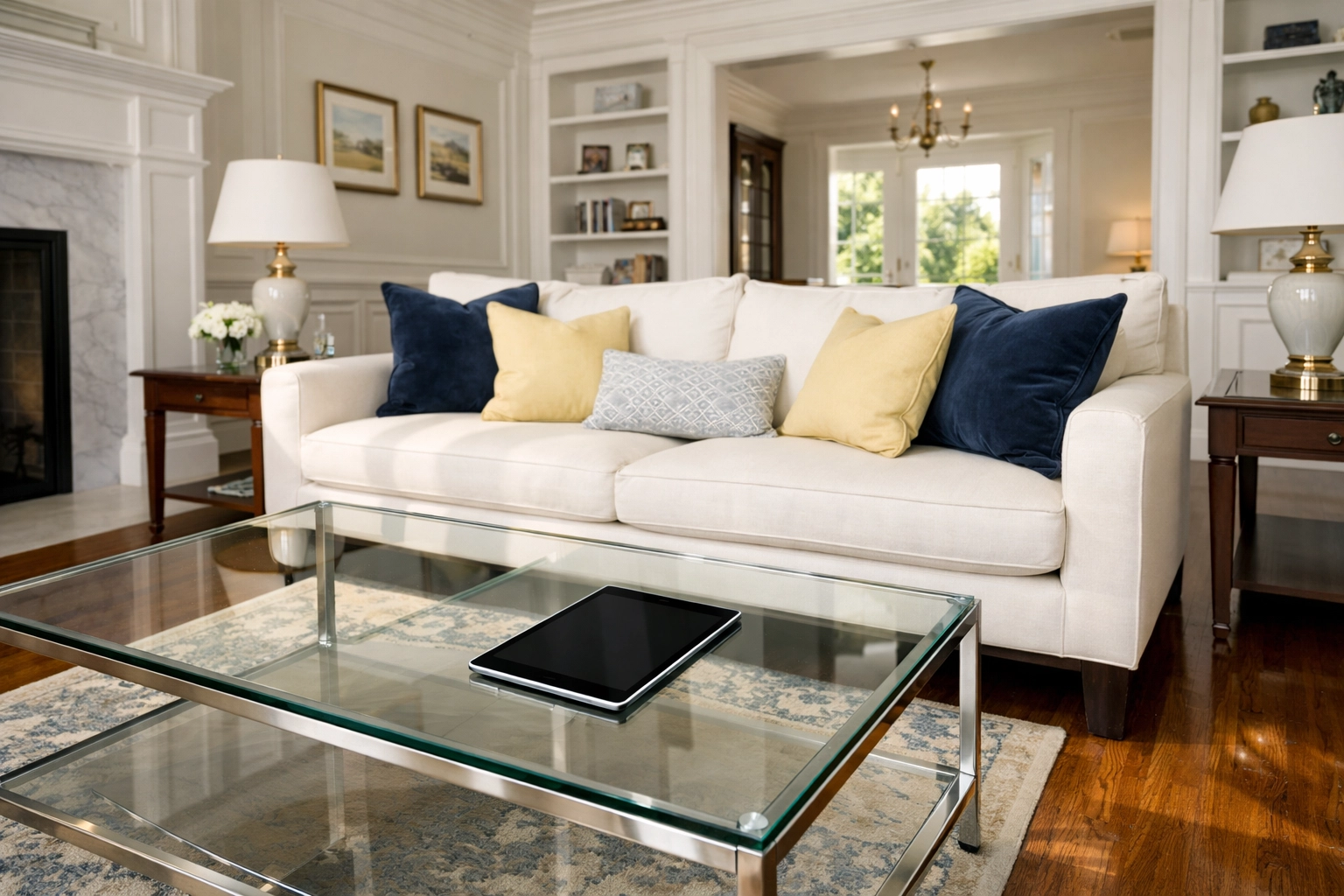 Pristine living room in a Massachusetts home highlighting the results of professional house cleaning services MA.
