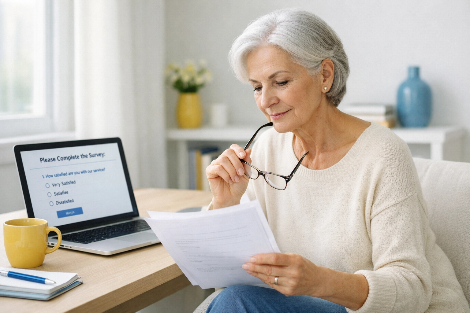 Senior donor completing planned giving survey questionnaire on laptop at home