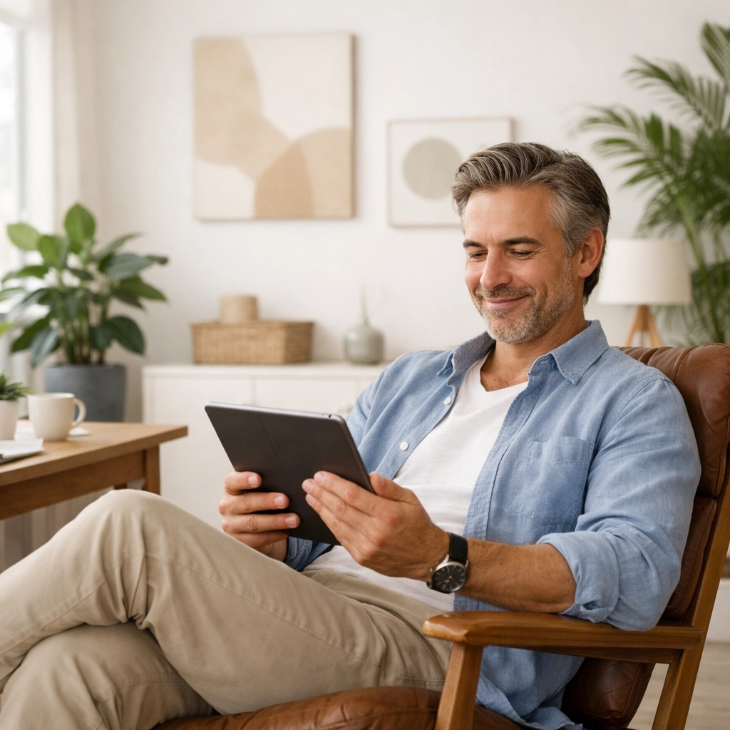 Relaxed entrepreneur managing automated recurring payments and business cash flow on a digital tablet.