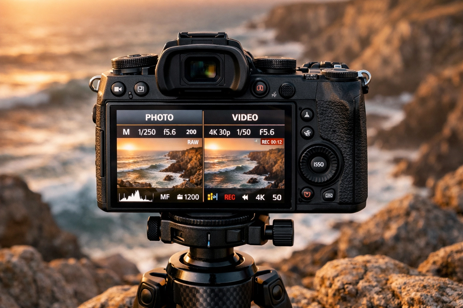 Professional mirrorless camera on a clifftop sunset showing hybrid photo and video settings.
