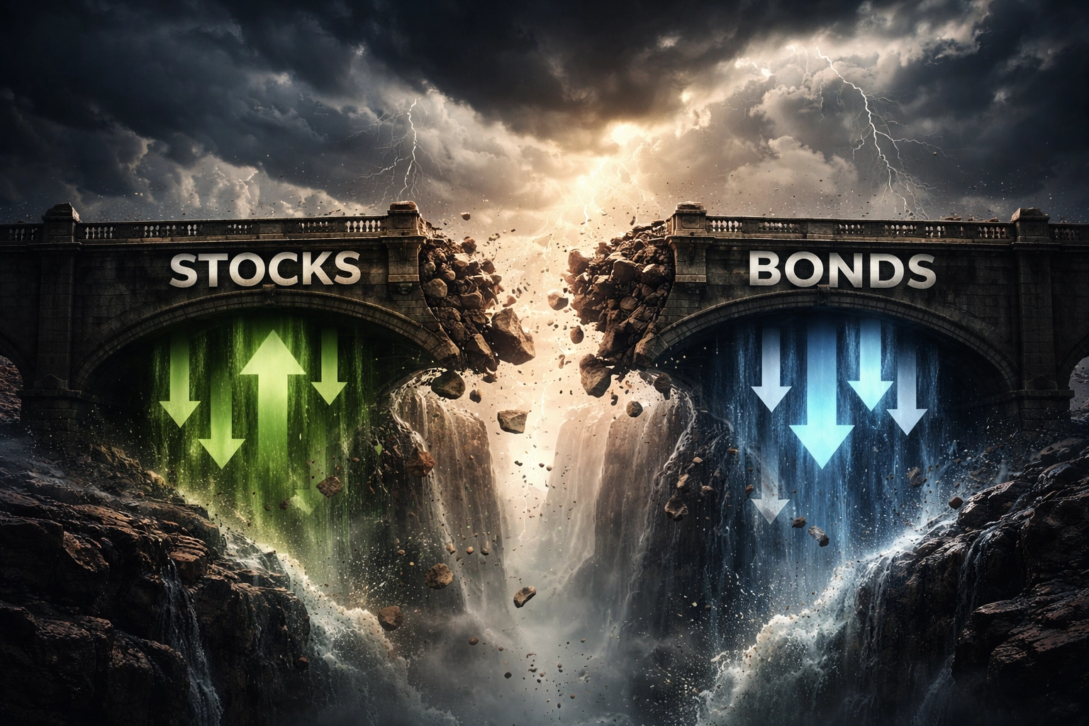 Illustration of a crumbling bridge with stocks and bonds falling, symbolizing the failure of traditional diversification and market volatility.