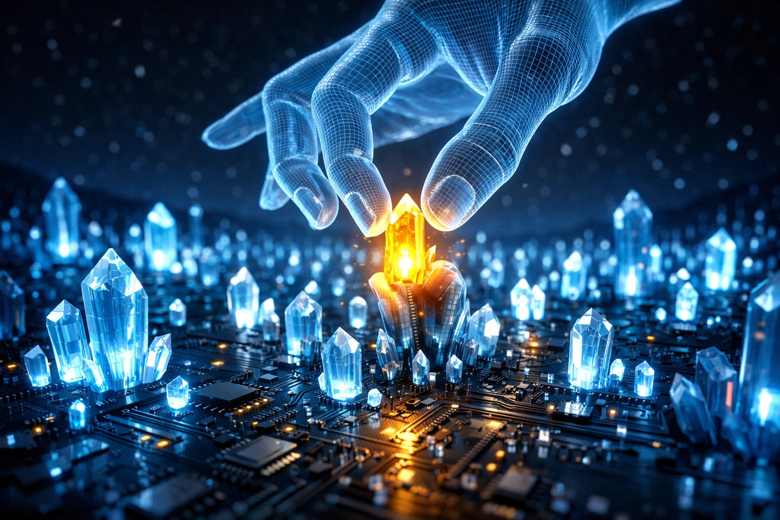 Holographic hands selecting a glowing gold crystal representing a high-intent long-tail keyword in a digital landscape.