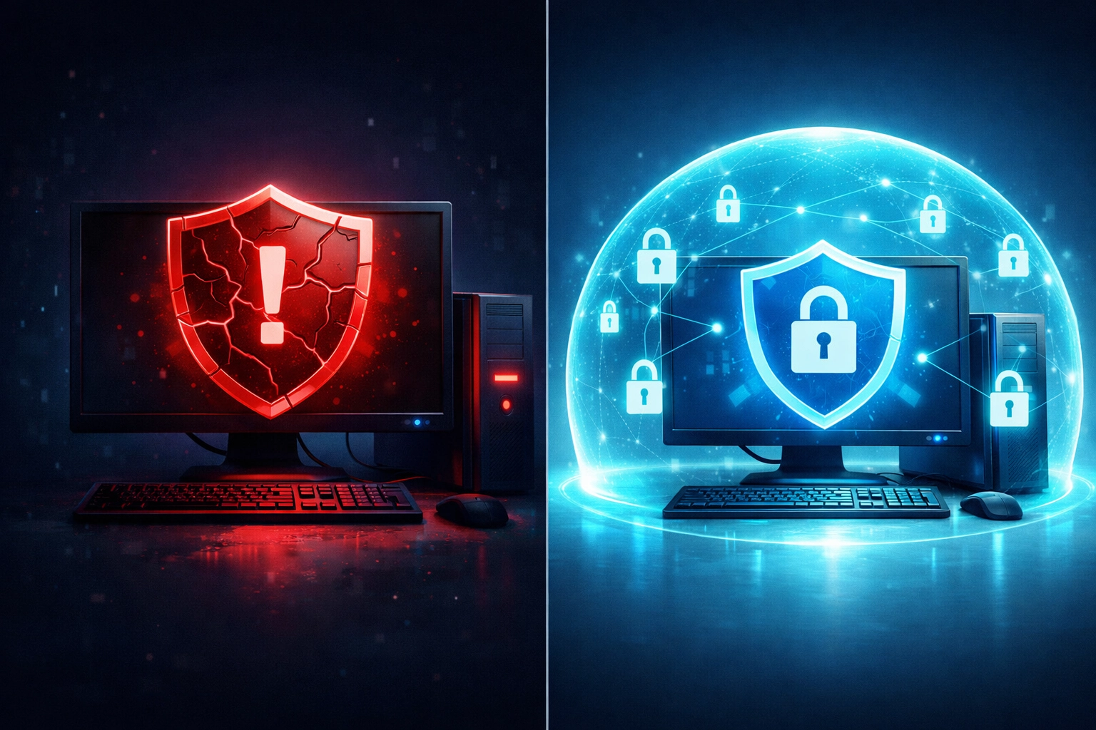 Vulnerable Windows 10 computer versus protected computer with security updates and antivirus protection