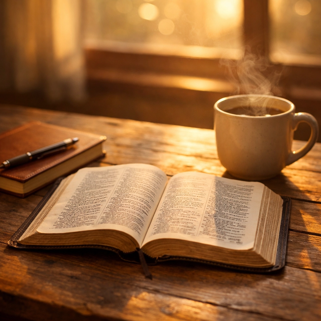 Open Bible with coffee on table in early morning sunlight for devotional time