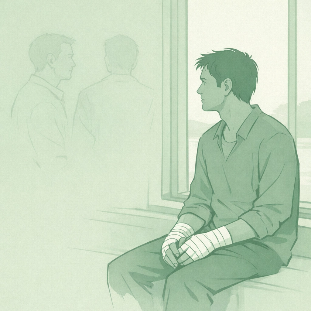 Isolated man with bandaged hands gazes from window - artistic loss and trauma in MM romance