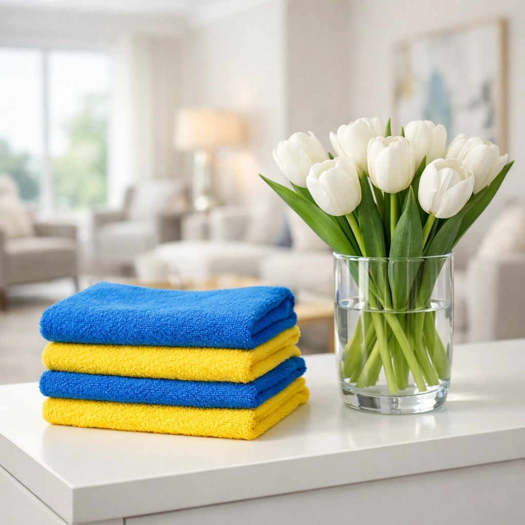 Clean blue and yellow microfiber cloths for professional house cleaning Townsend MA in a modern living room.