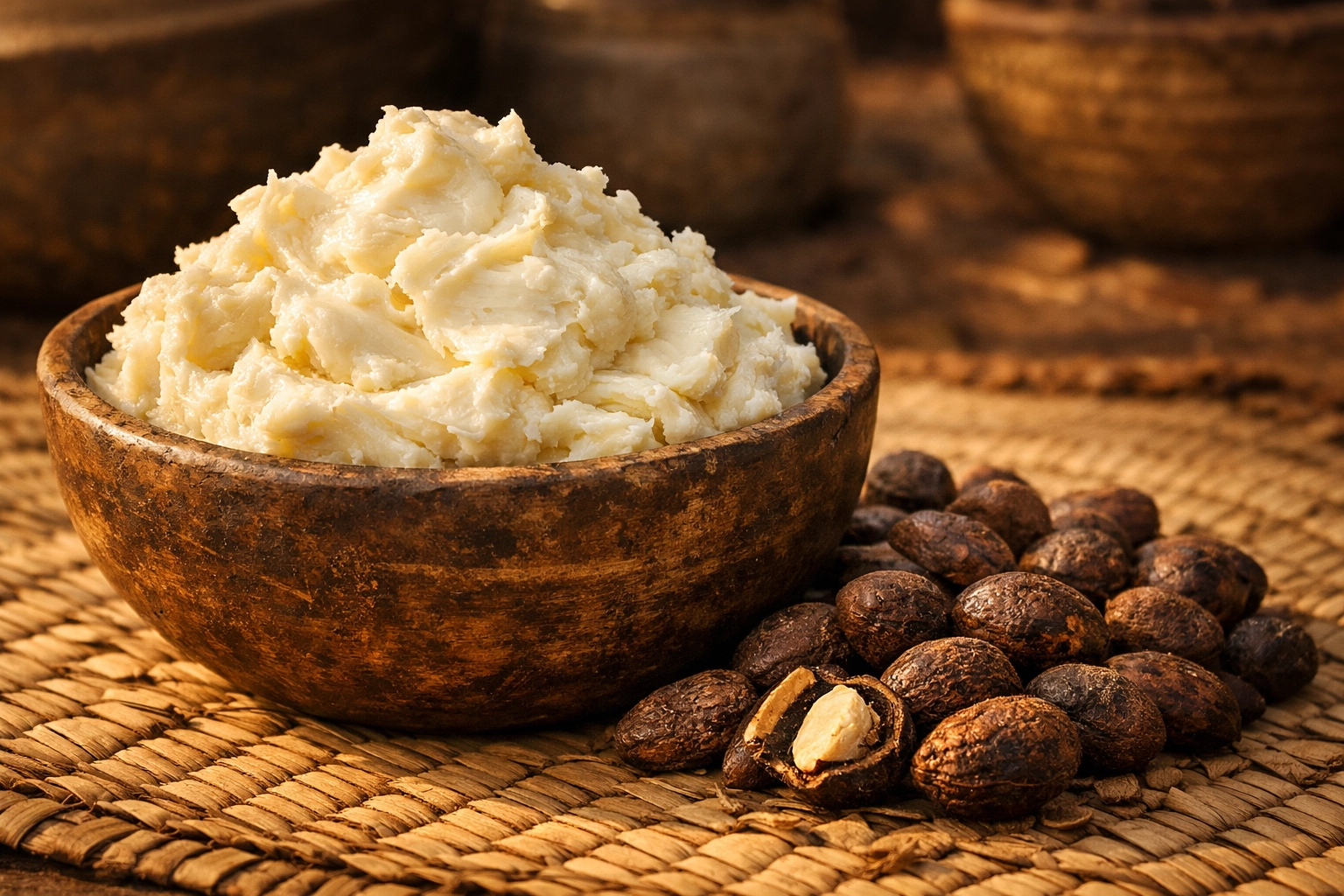 Raw ivory shea butter in a wooden bowl with unrefined shea nuts sourced from Nigeria for wholesale.