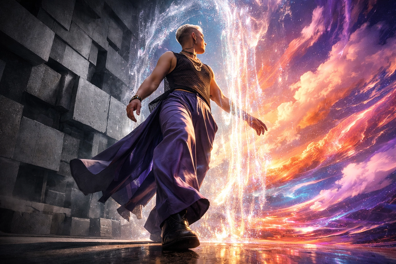 Non-binary person transitioning from a rigid binary grid to a vibrant world of gender fluidity.