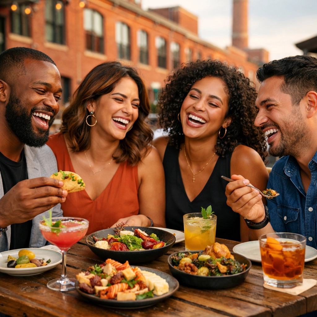 Diverse group dining outdoors at a trendy restaurant in Durham's vibrant Warehouse District.