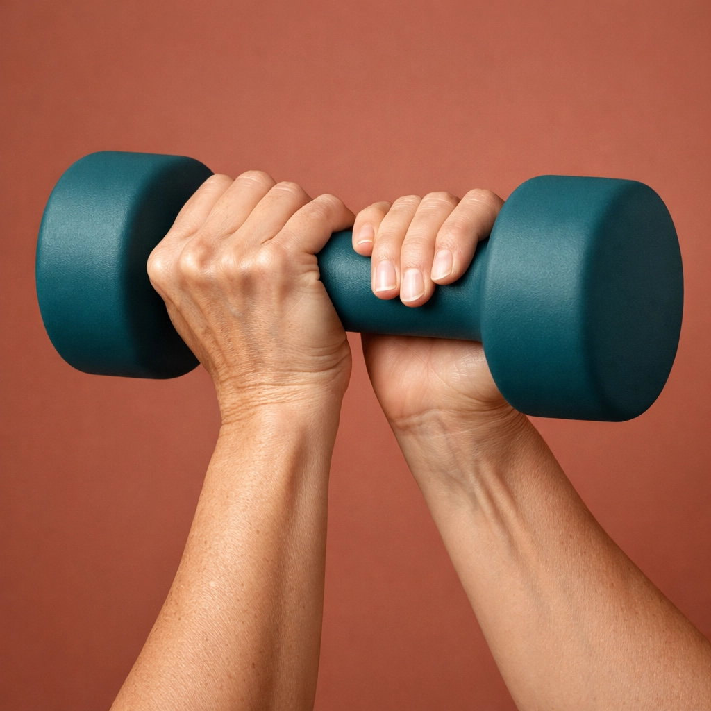 Midlife woman's hands gripping a dumbbell for menopause strength training.