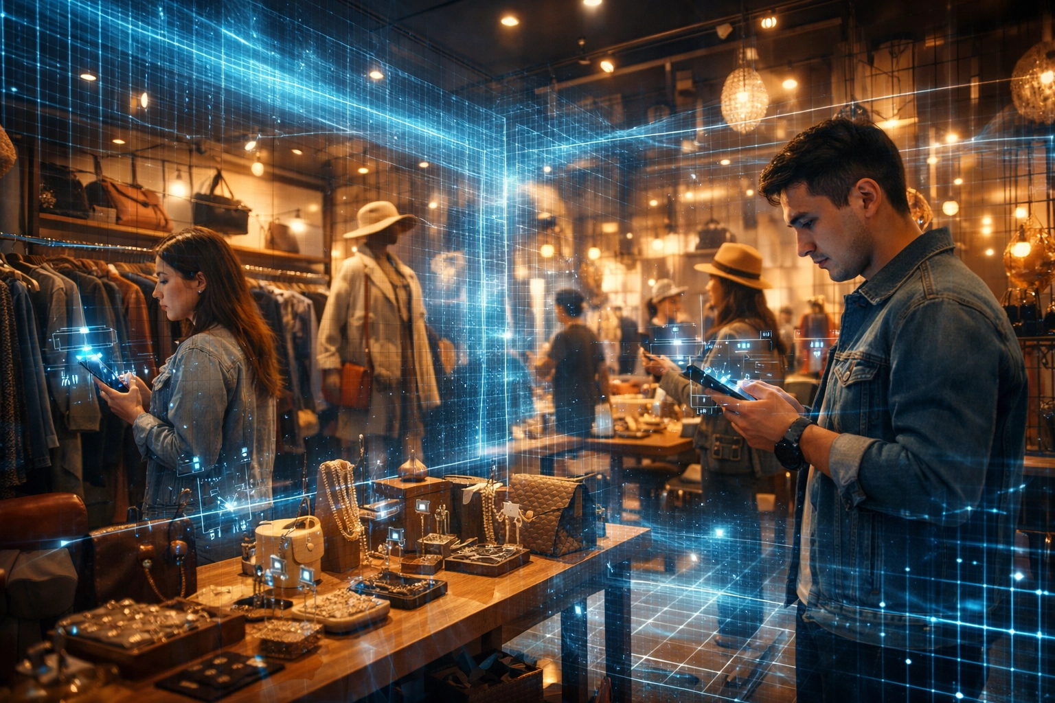 AI scanning a boutique shop to detect unnatural Google review patterns from in-store QR codes.