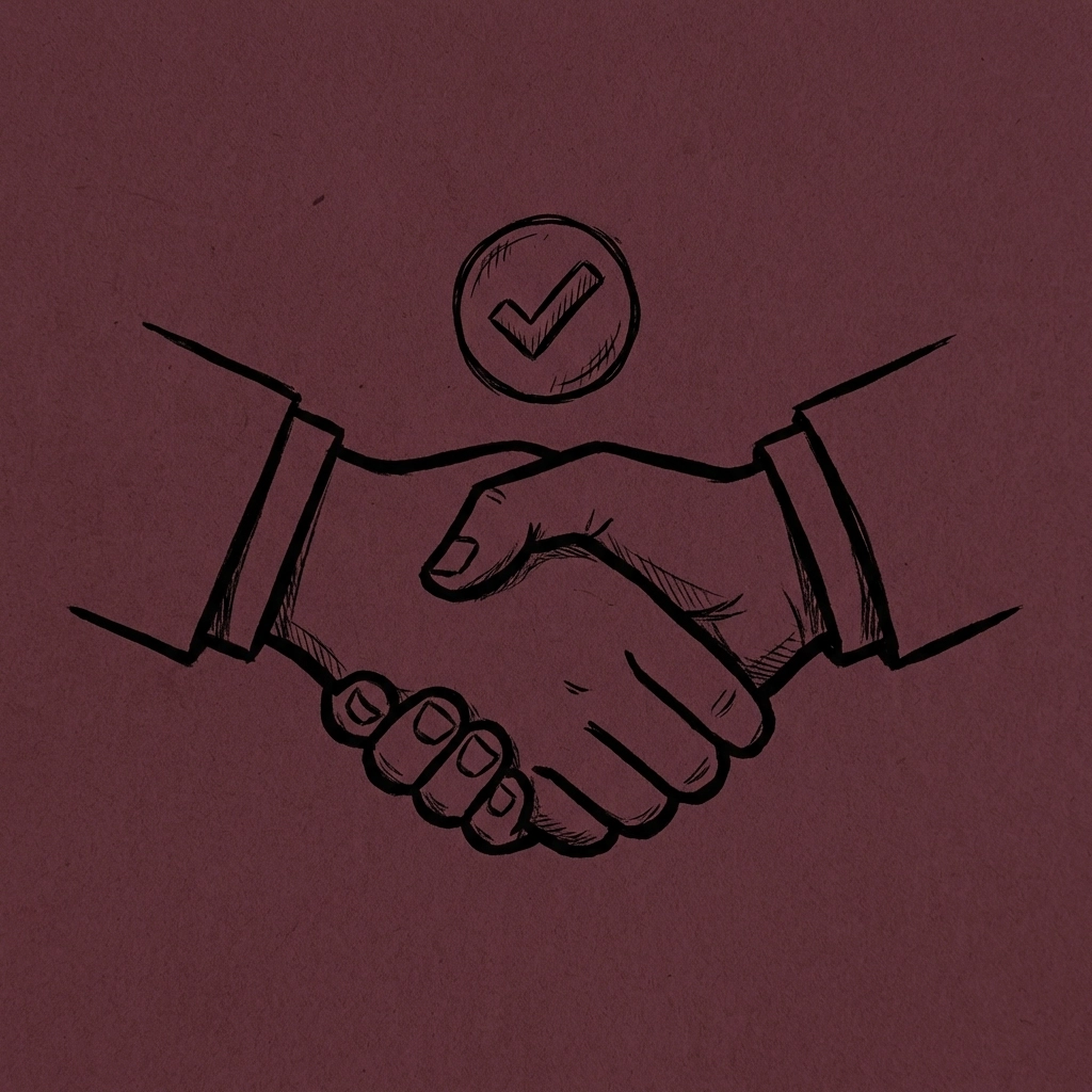 Handshake with verified checkmark badge, representing trust, partnership, and professional connections at IncluHub.