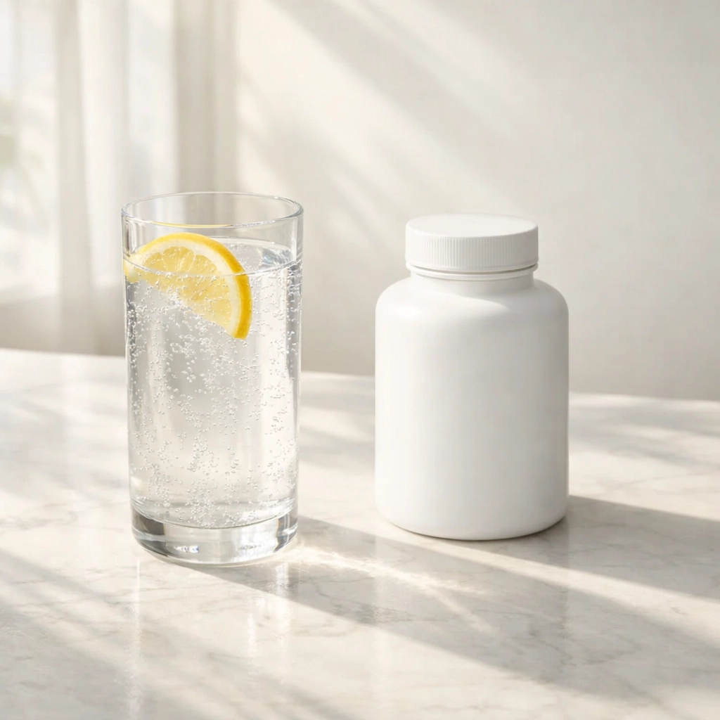 A refreshing glass of water and peptide bottle symbolizing digestive health and relief.