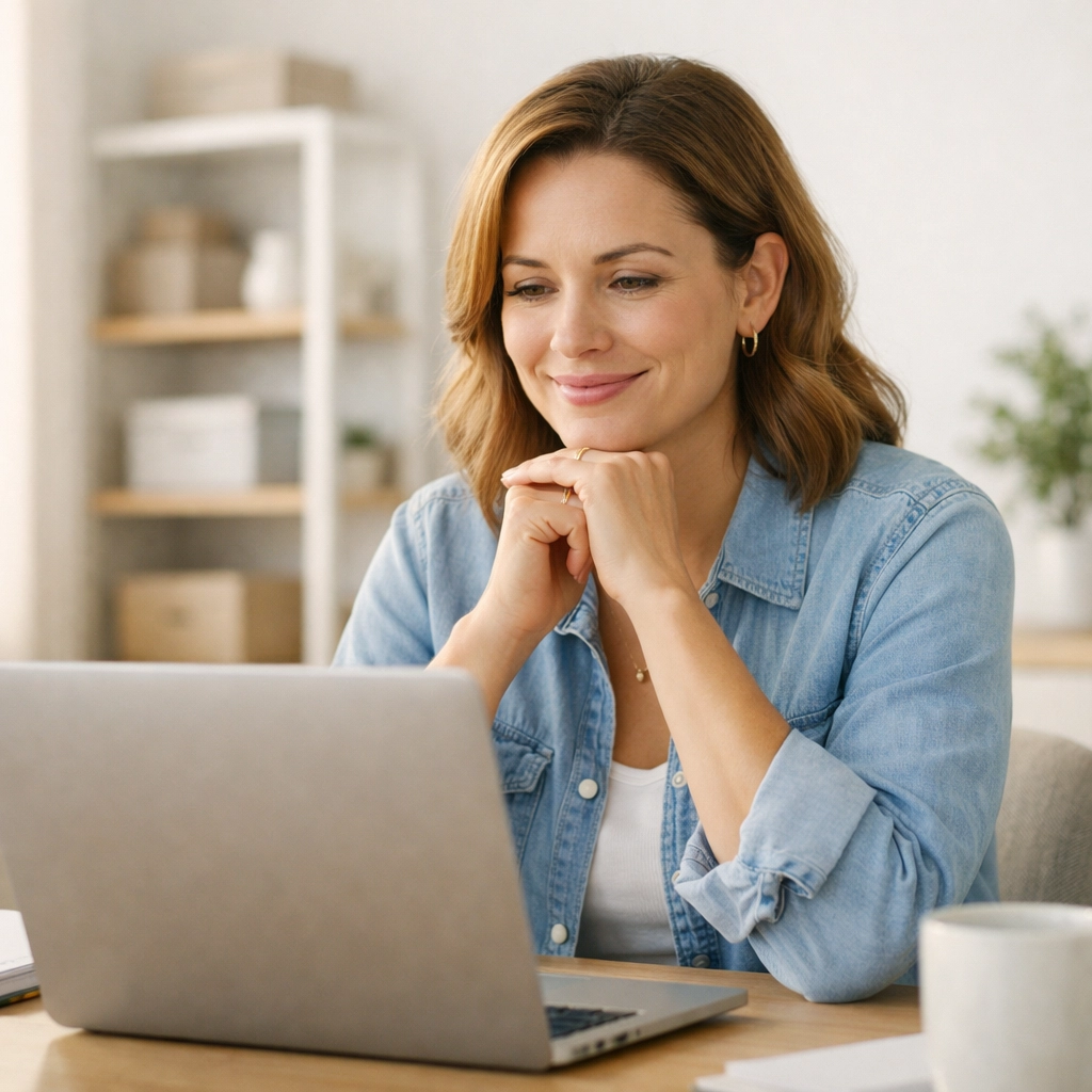 Small business owner confidently managing finances using Xero bookkeeping software on a laptop in a modern office.
