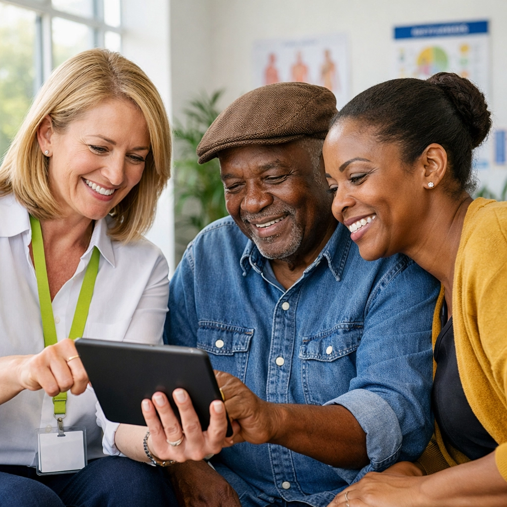 African immigrant family receiving health education at the AIFS bilingual healthcare screening center.