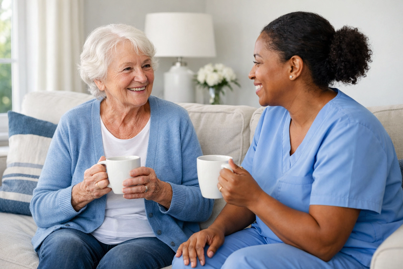 Companion caregiver sharing conversation with elderly client during home care visit in Fauquier County