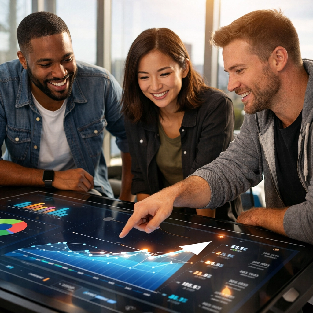 IT professionals analyzing ServiceNow ITOM and ITAM metrics for ROI optimization in a modern office.