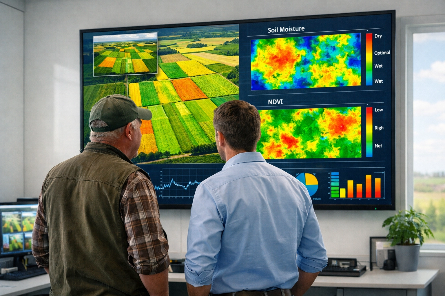 Farmer and engineer reviewing precision agriculture data on digital monitoring system