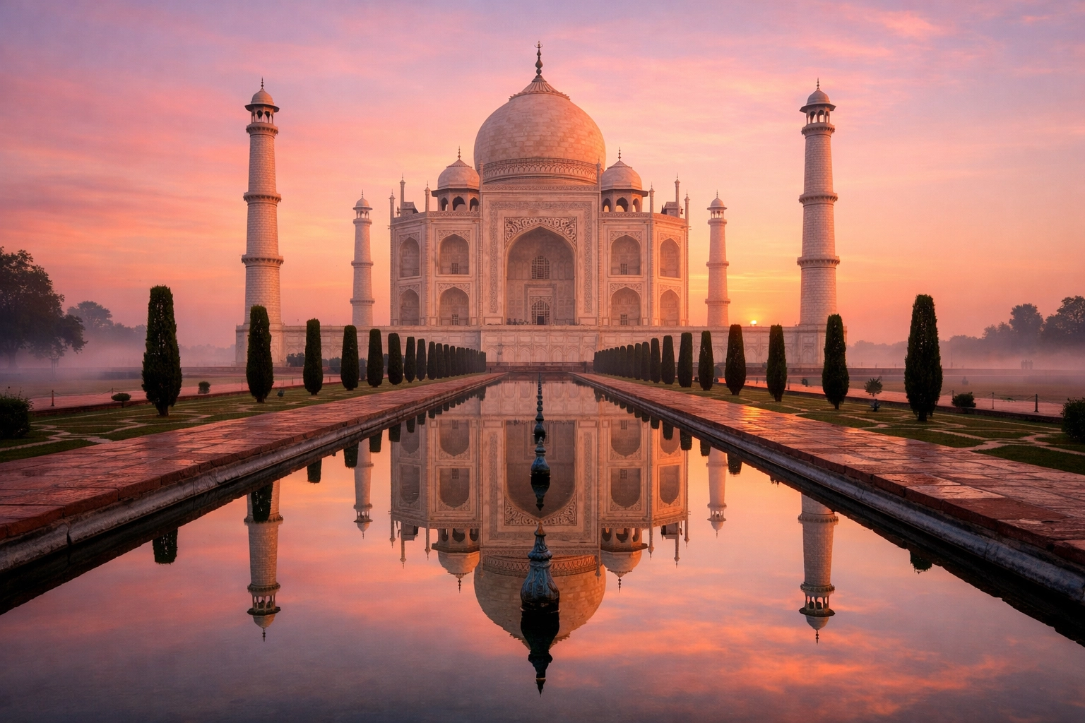 The Taj Mahal at sunrise with a perfect water reflection, a must-visit for any global photography bucket list.