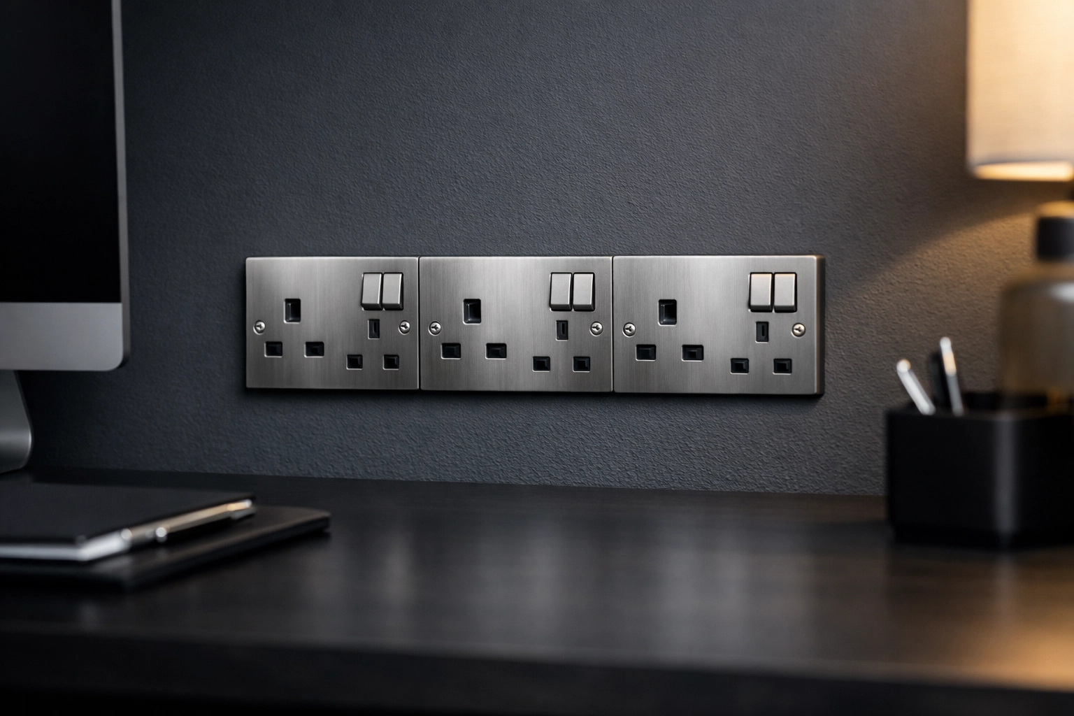 Sleek brushed-steel UK sockets professionally installed by a qualified electrician in Dorset.