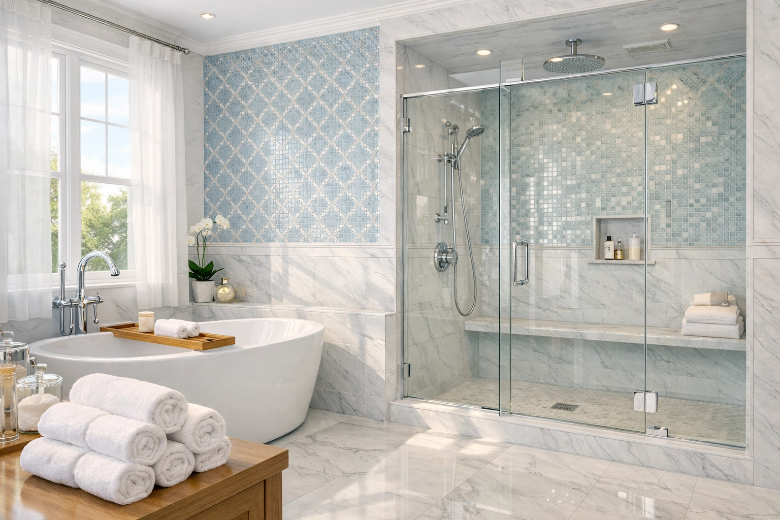 Sparkling clean luxury bathroom in Newton with streak-free fixtures from a professional cleaning service.