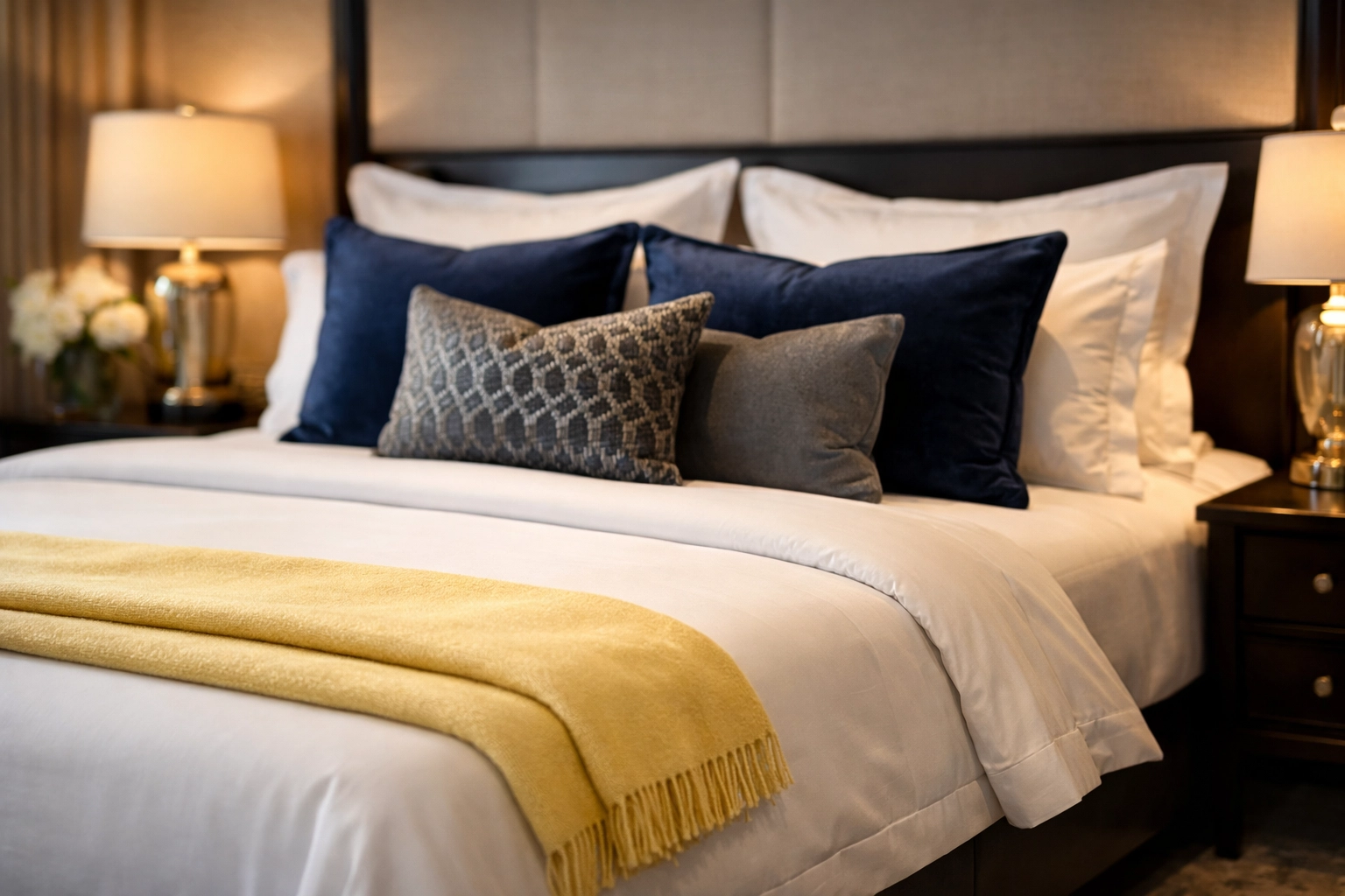 Expertly made bed with luxury linens in a Harvard home showcasing professional housekeeping services.