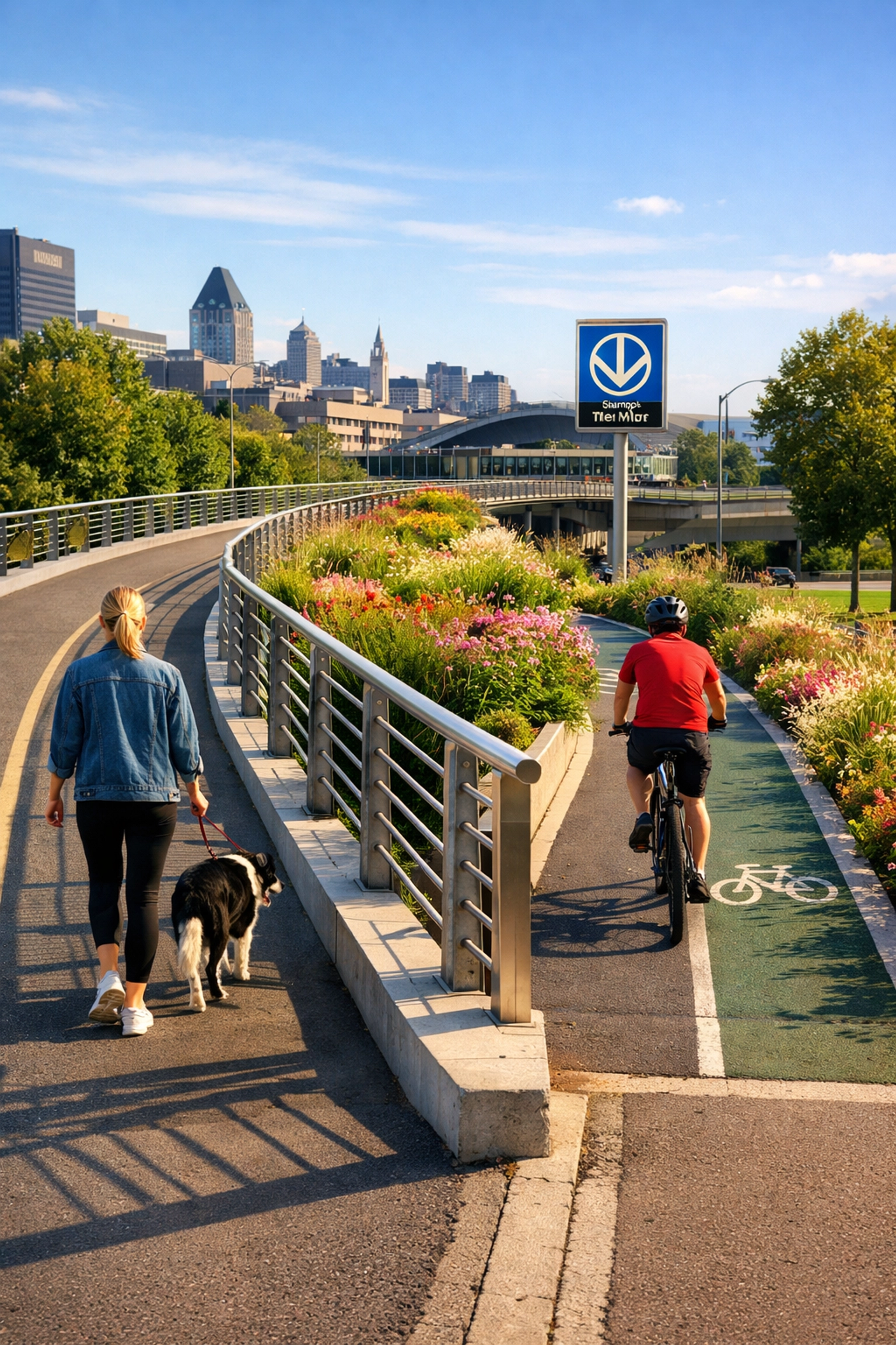 Modern pedestrian bridge and REV cycling path at Place des Montréalaises above the Ville-Marie Highway.