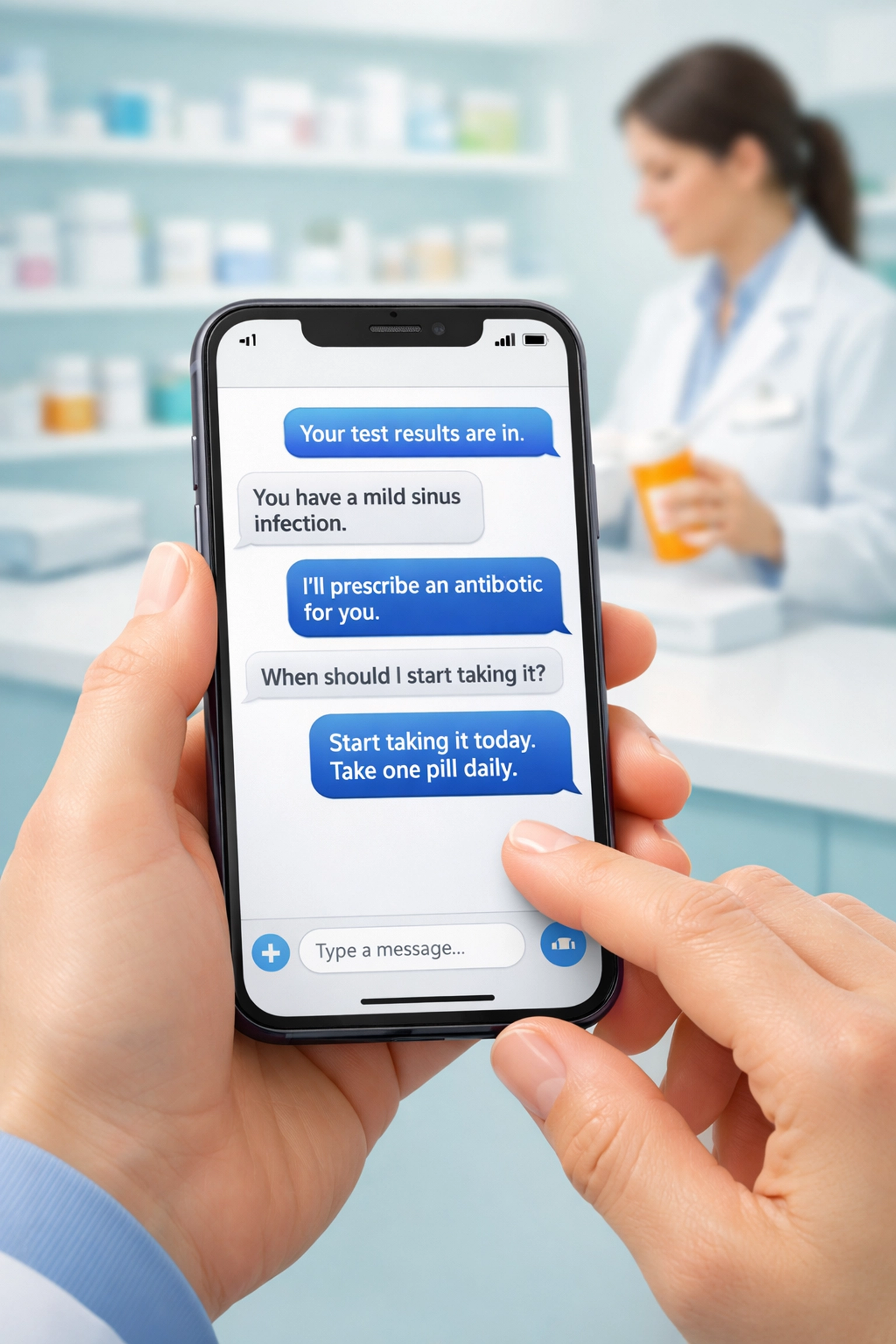 Patient texting doctor online to receive prescription through telehealth messaging