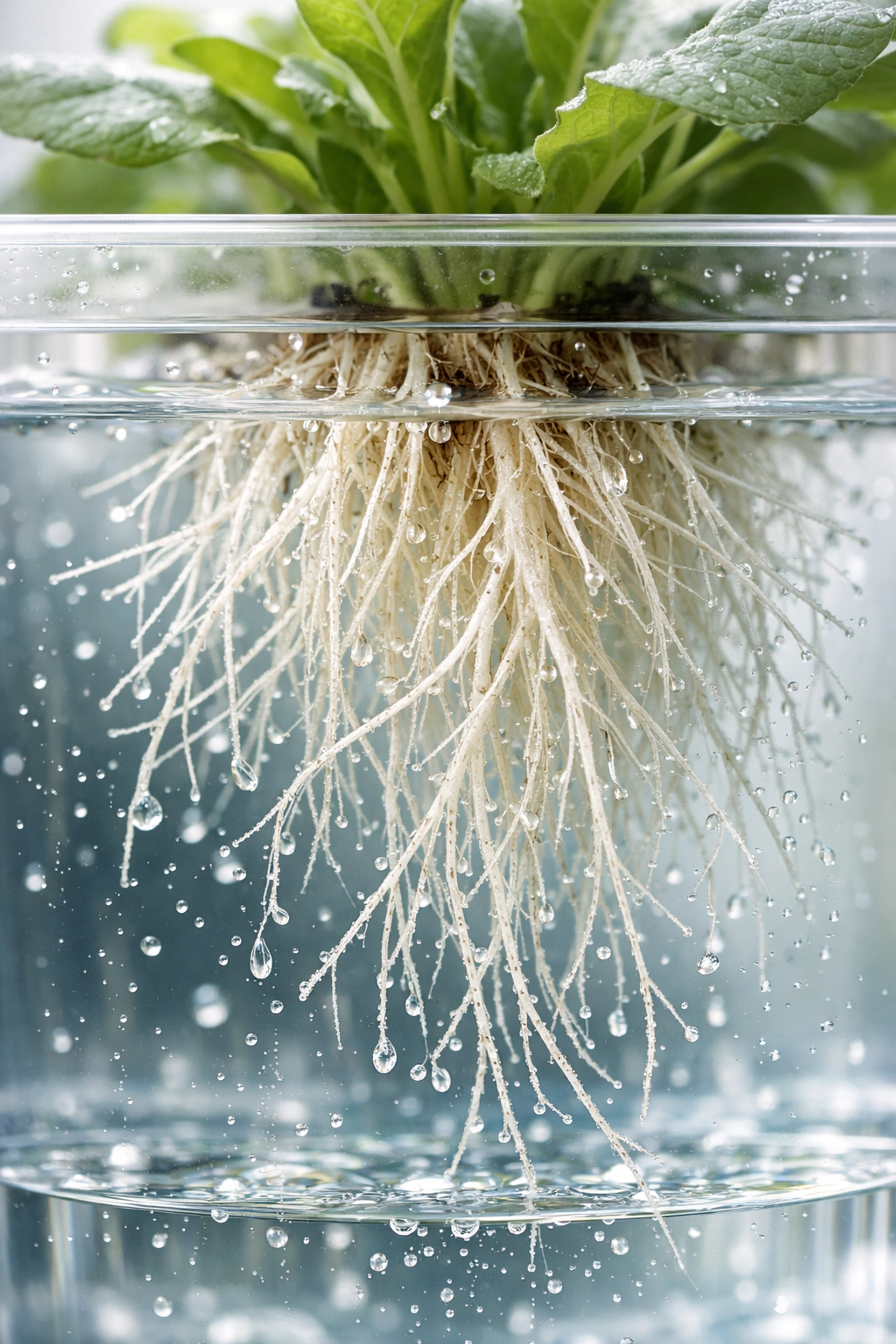 Hydroponic plant roots absorbing nutrients in clear water for optimal growth