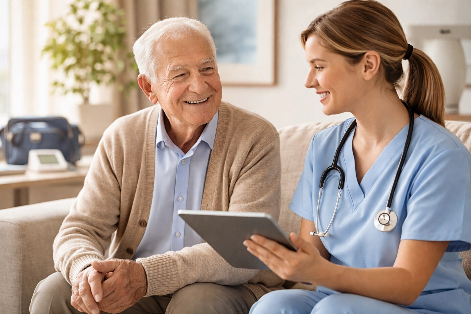 Nurse consulting personalized care data with an elderly patient at home, demonstrating AI in home health