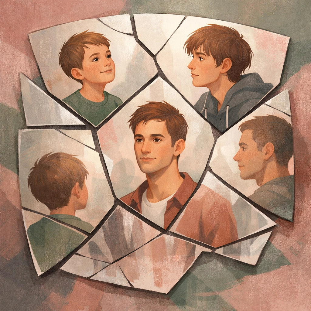 Fragmented mirrors reflecting past and present selves coming together in integration