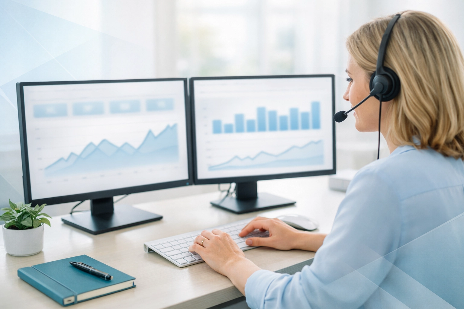 Professional rehab intake agent monitoring a behavioral health call center admissions KPI dashboard.