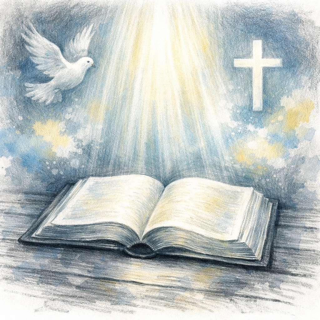 Open Bible illuminated with Holy Spirit symbols showing faith and Scripture authority