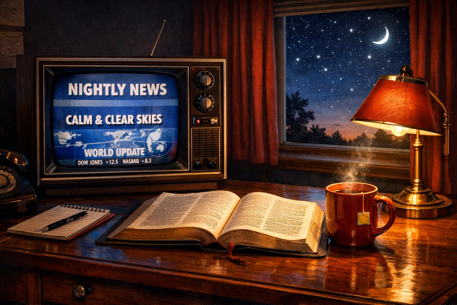 Peaceful newsroom desk with Bible, tea, and calm news display under starlit night sky