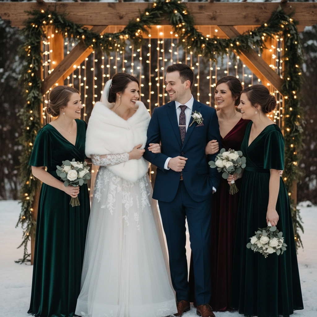 Bride in white gown and fur stole with groom in blue suit, surrounded by bridesmaids in green dresses. Smiling, snowy backdrop, lights.