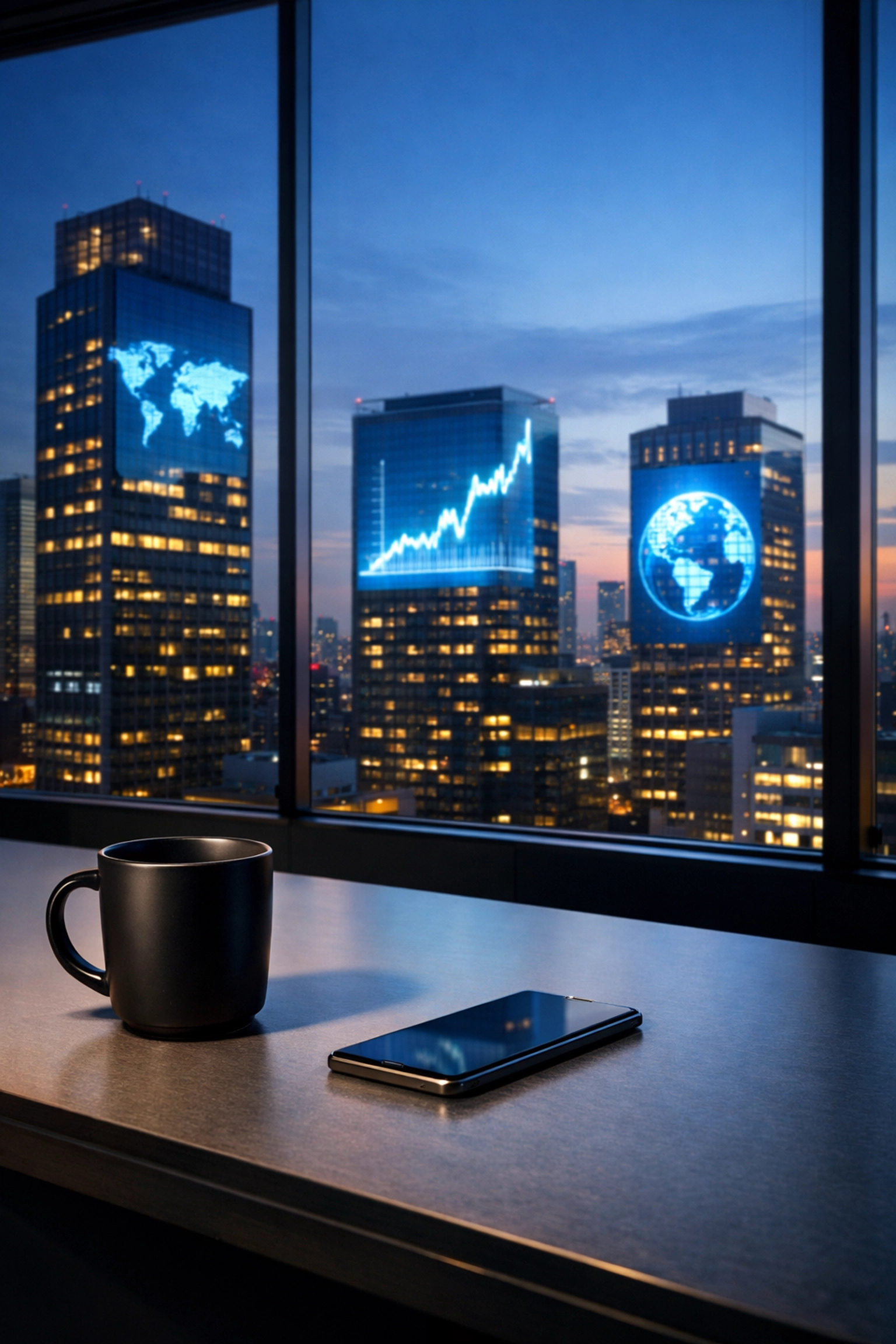 Minimalist office overlooking a city skyline with digital screens for hyper-targeted global advertising.