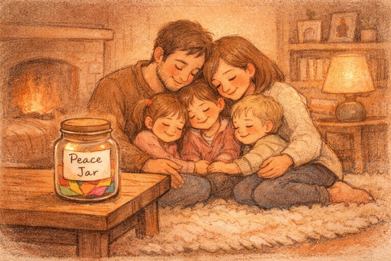 A family huddled together for prayer in their cozy living room with a peace jar craft on the table.