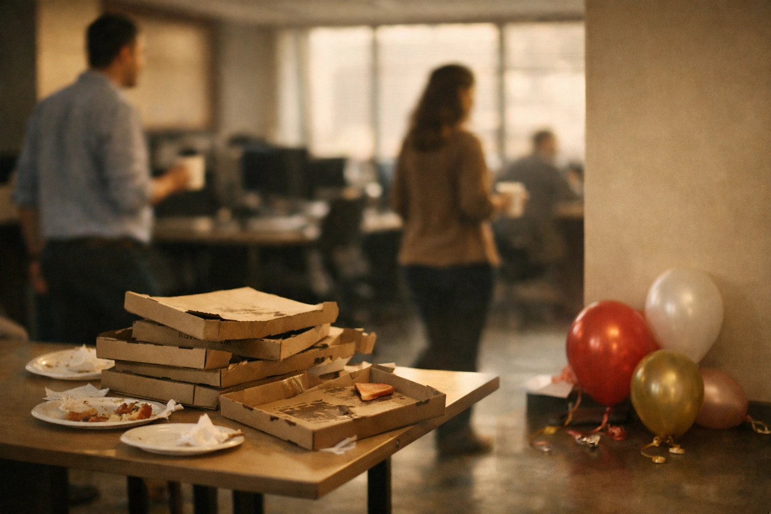 Empty office break room after one-time team event showing lack of lasting workplace wellness impact