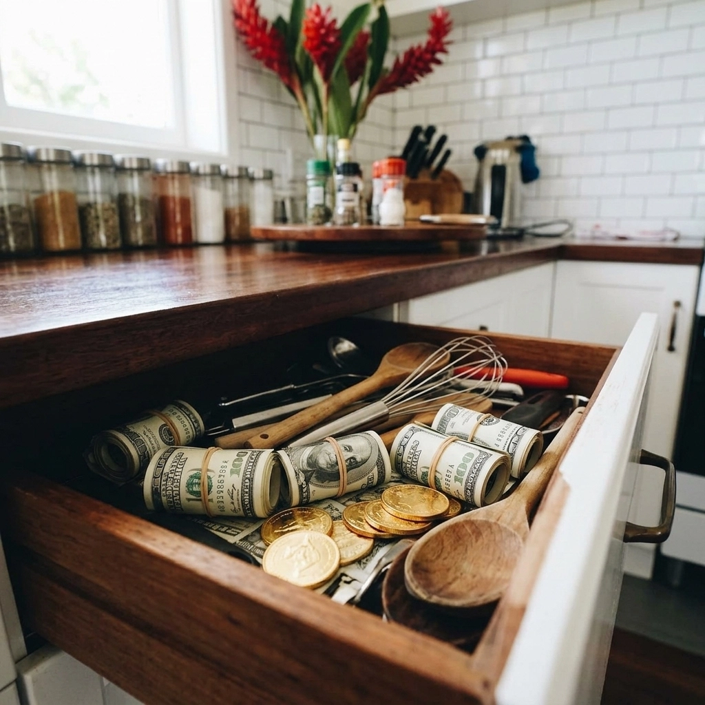 A kitchen drawer containing money and gold coins alongside kitchen tools